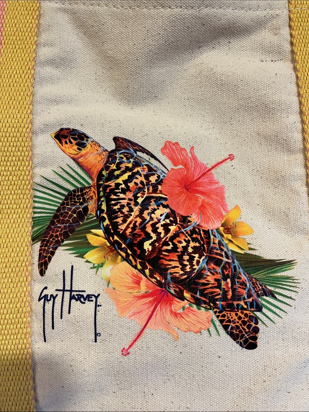 Guy Harvey Canvas Tote Bag with Pink Accents and Tropical Turtle Graphic - Picture 2 of 5